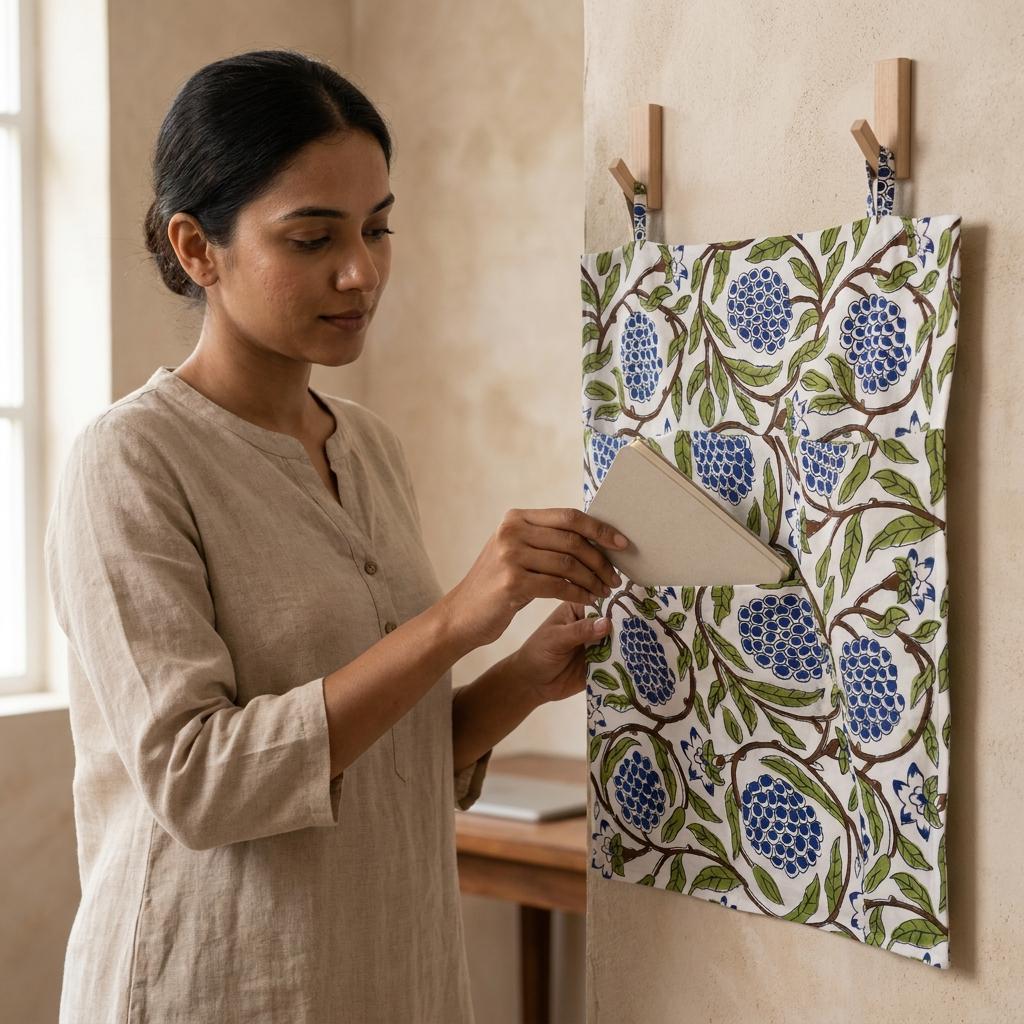 Blue Marigold Quilted Cotton Hanging Wall Organizer, Handcrafted Multi Pocket Fabric Desk Hanger