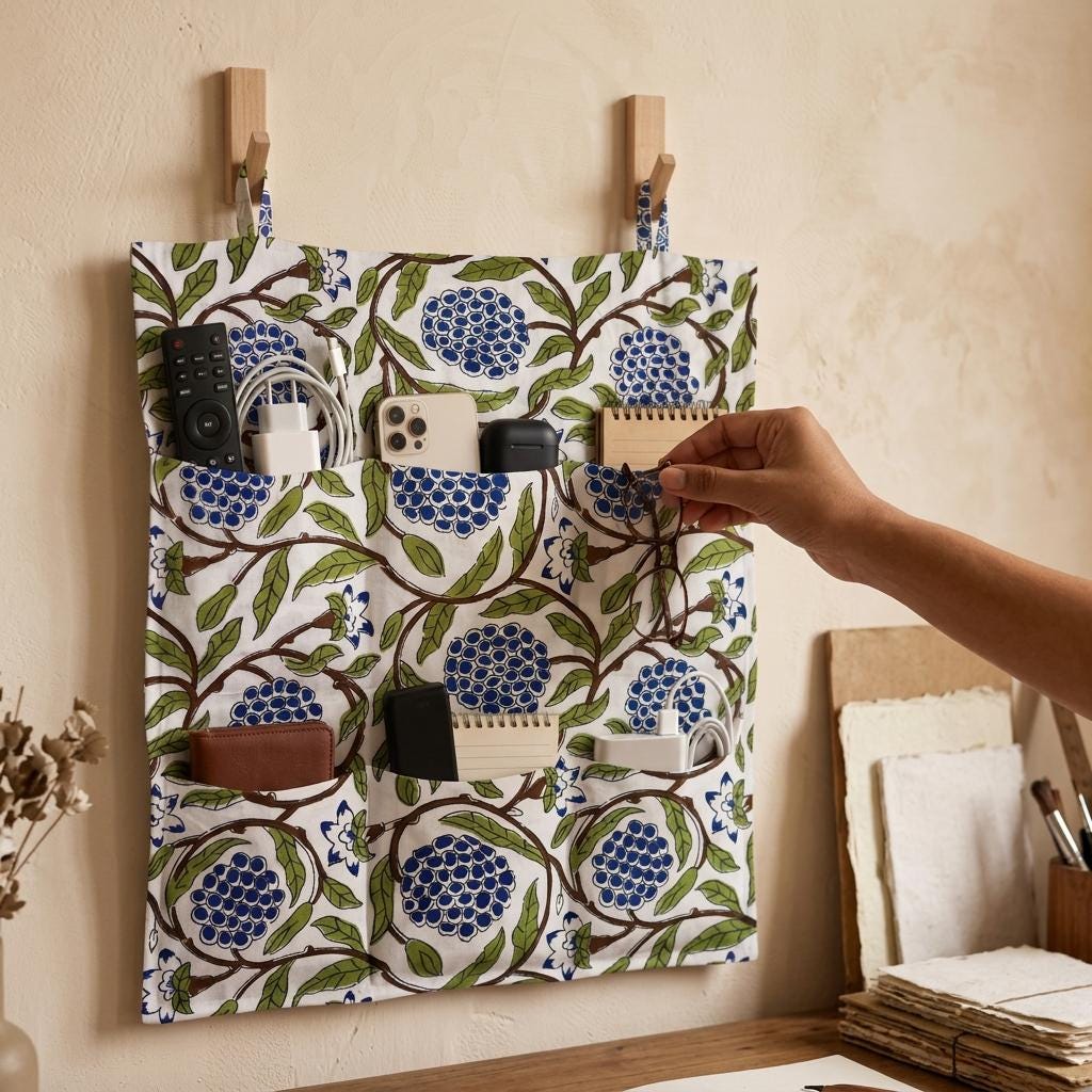 Blue Marigold Quilted Cotton Hanging Wall Organizer, Handcrafted Multi Pocket Fabric Desk Hanger