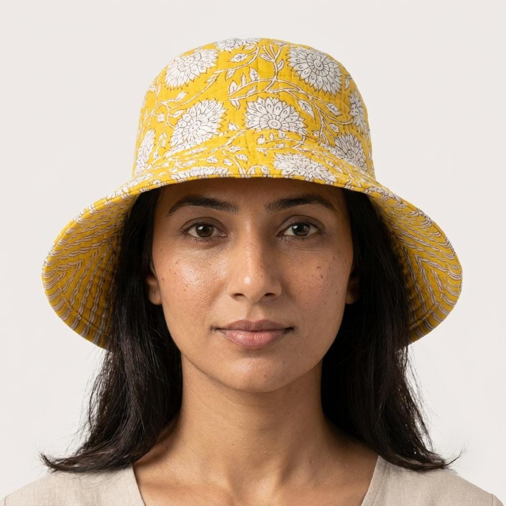Yellow Floral Quilted Cotton Sun Hat, Handcrafted Wide Brim Bucket Cap, Summer Travel Headwear