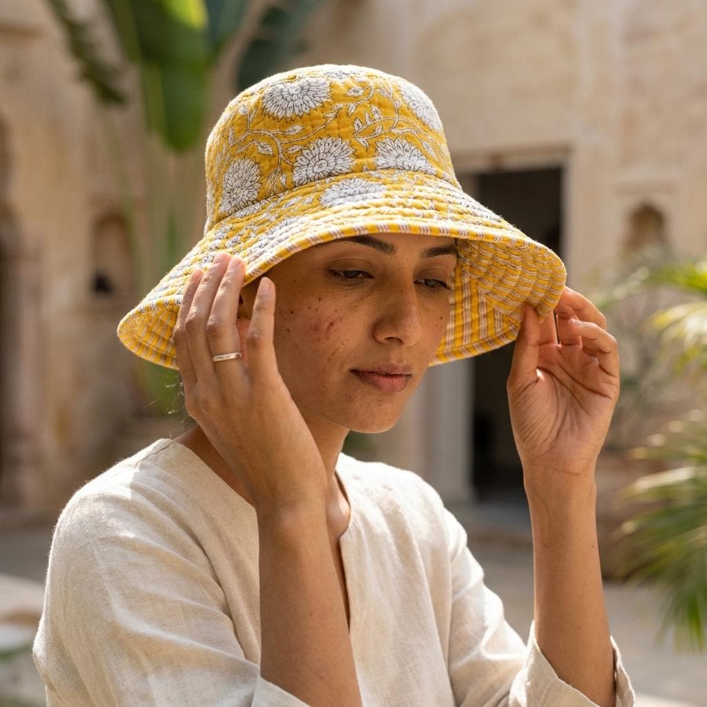 Yellow Floral Quilted Cotton Sun Hat, Handcrafted Wide Brim Bucket Cap, Summer Travel Headwear