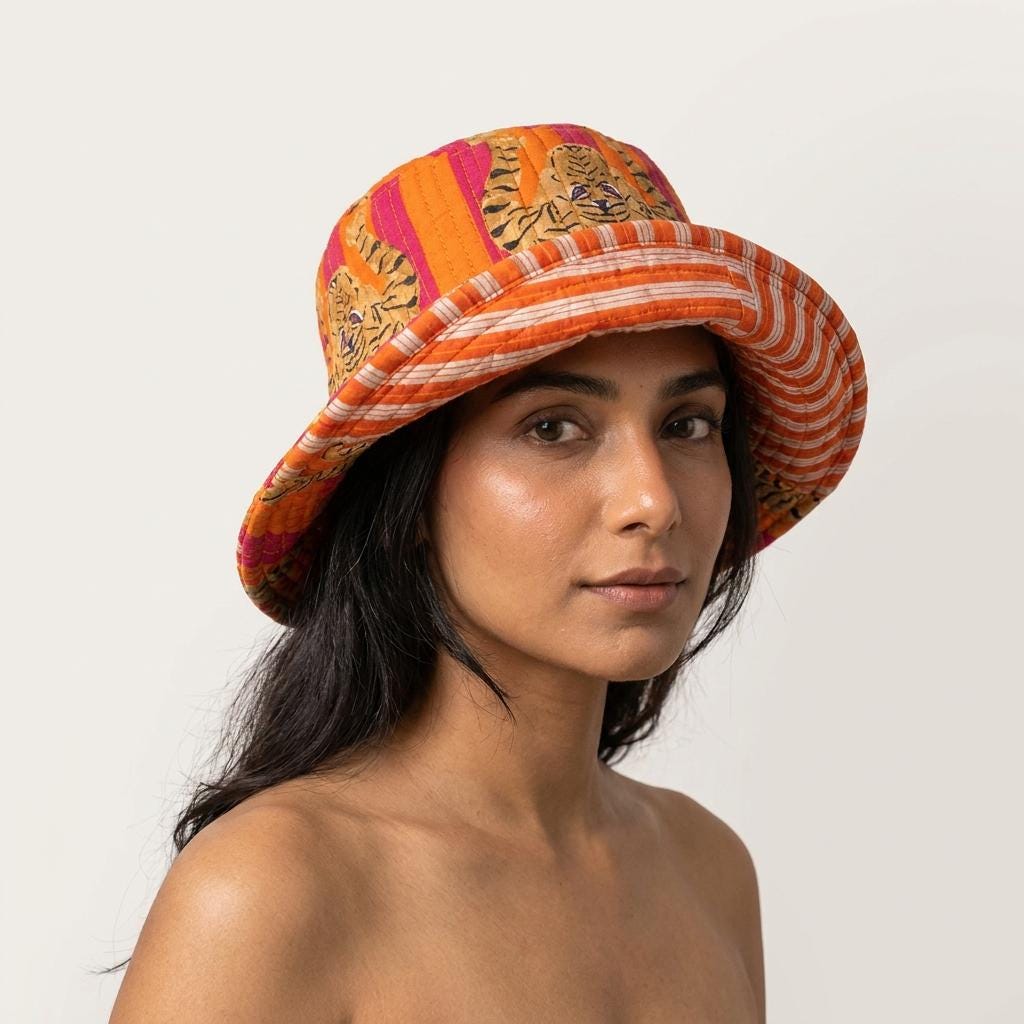 Orange Tiger Quilted Cotton Sun Hat, Handcrafted Wide Brim Bucket Cap, Summer Travel Headwear
