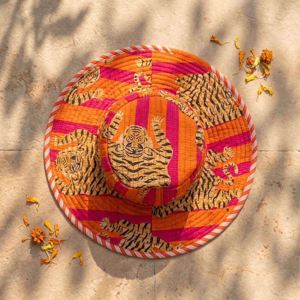 Orange Tiger Quilted Cotton Sun Hat, Handcrafted Wide Brim Bucket Cap, Summer Travel Headwear