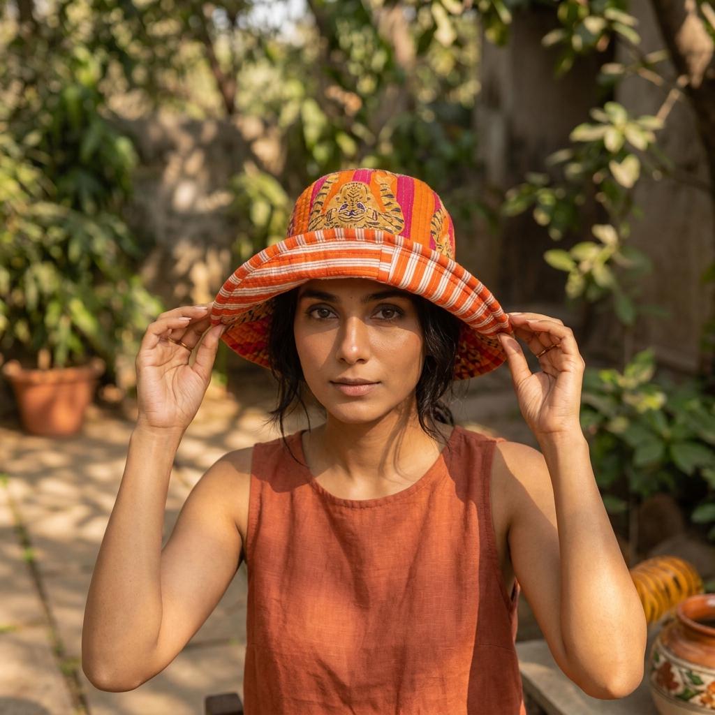 Orange Tiger Quilted Cotton Sun Hat, Handcrafted Wide Brim Bucket Cap, Summer Travel Headwear