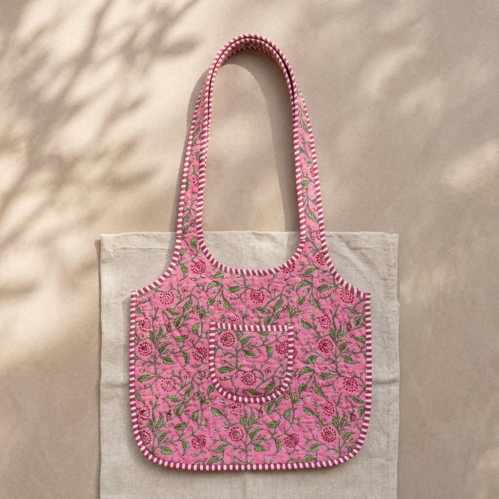 Pink Floral Quilted Cotton Tote Bag, Handcrafted Shoulder Shopper Purse, Striped Travel Handbag