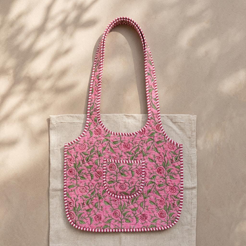 Pink Floral Quilted Cotton Tote Bag, Handcrafted Shoulder Shopper Purse, Striped Travel Handbag