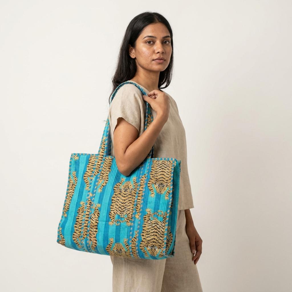 Blue Tiger Quilted Cotton Tote Bag, Handcrafted Shoulder Shopper Purse, Animal Travel Handbag