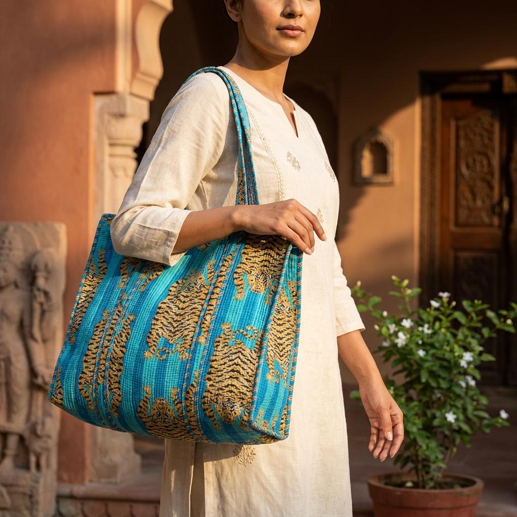 Blue Tiger Quilted Cotton Tote Bag, Handcrafted Shoulder Shopper Purse, Animal Travel Handbag