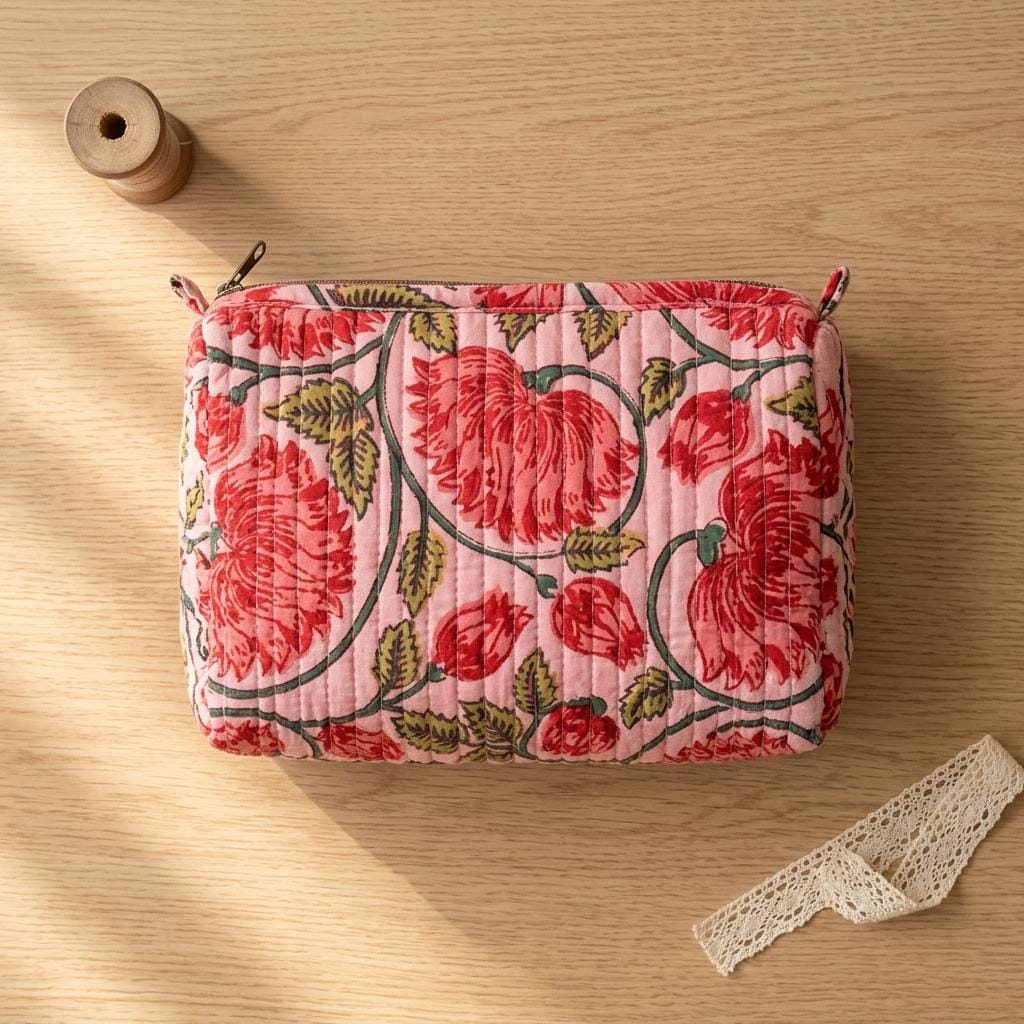 Pink Peony Quilted Makeup Bag Set, Handcrafted Cotton Cosmetic Pouch, Floral Travel Organizer