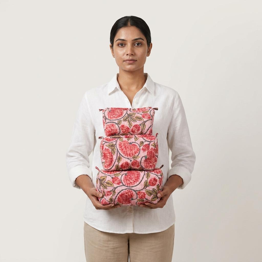 Pink Peony Quilted Makeup Bag Set, Handcrafted Cotton Cosmetic Pouch, Floral Travel Organizer