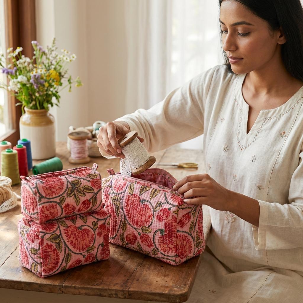 Pink Peony Quilted Makeup Bag Set, Handcrafted Cotton Cosmetic Pouch, Floral Travel Organizer