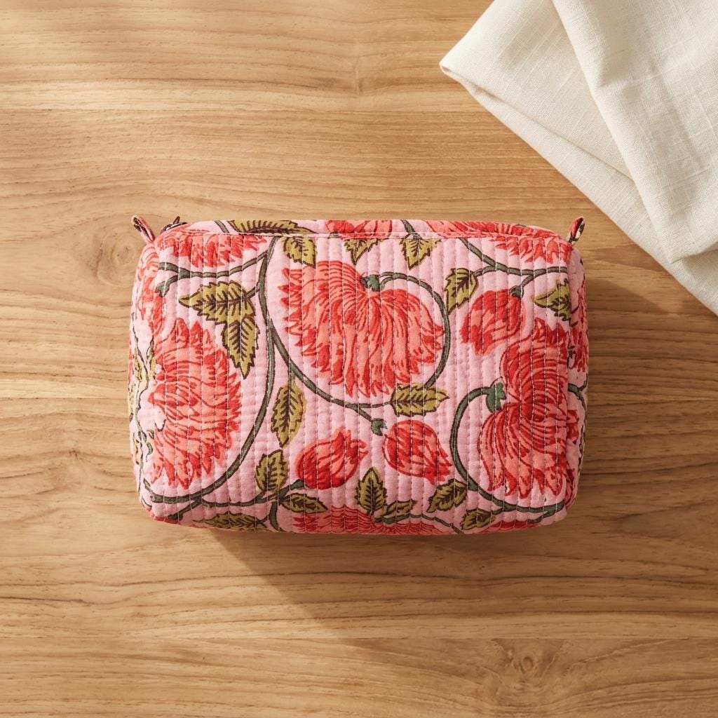 Pink Peony Quilted Makeup Bag Set, Handcrafted Cotton Cosmetic Pouch, Floral Travel Organizer