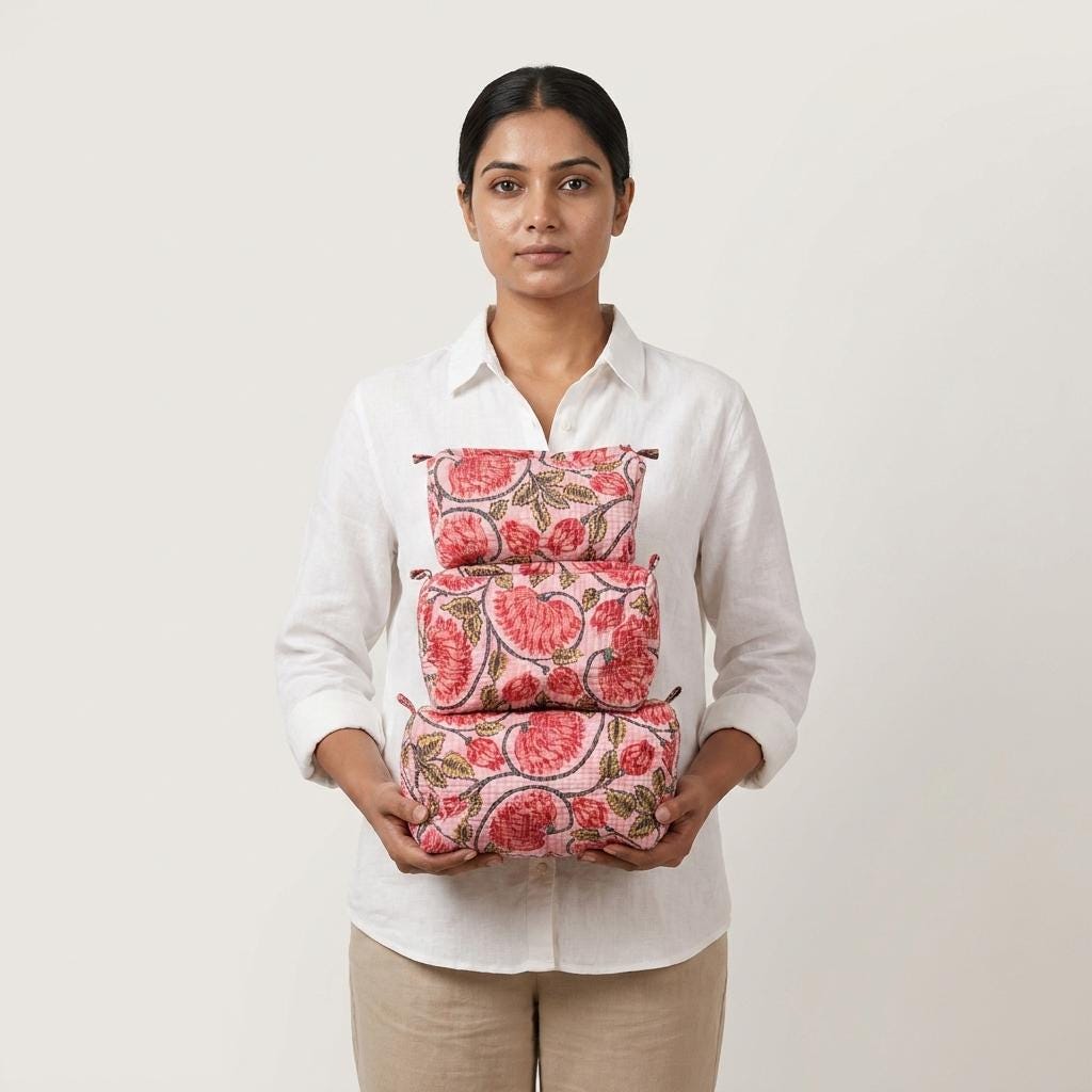 Pink Peony Quilted Makeup Bag Set, Handcrafted Cotton Cosmetic Pouch, Floral Travel Organizer