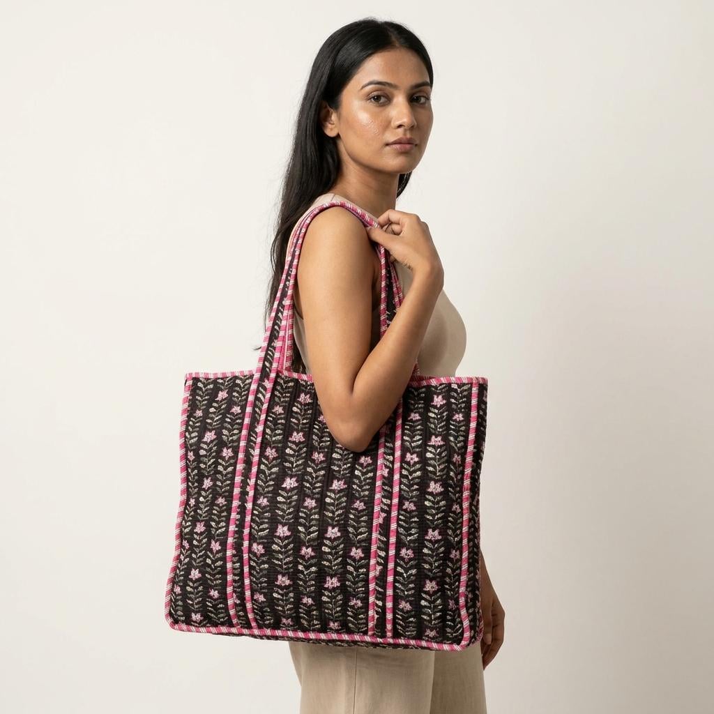 Black Floral Quilted Cotton Tote Bag, Handcrafted Shoulder Shopper Purse, Striped Travel Handbag