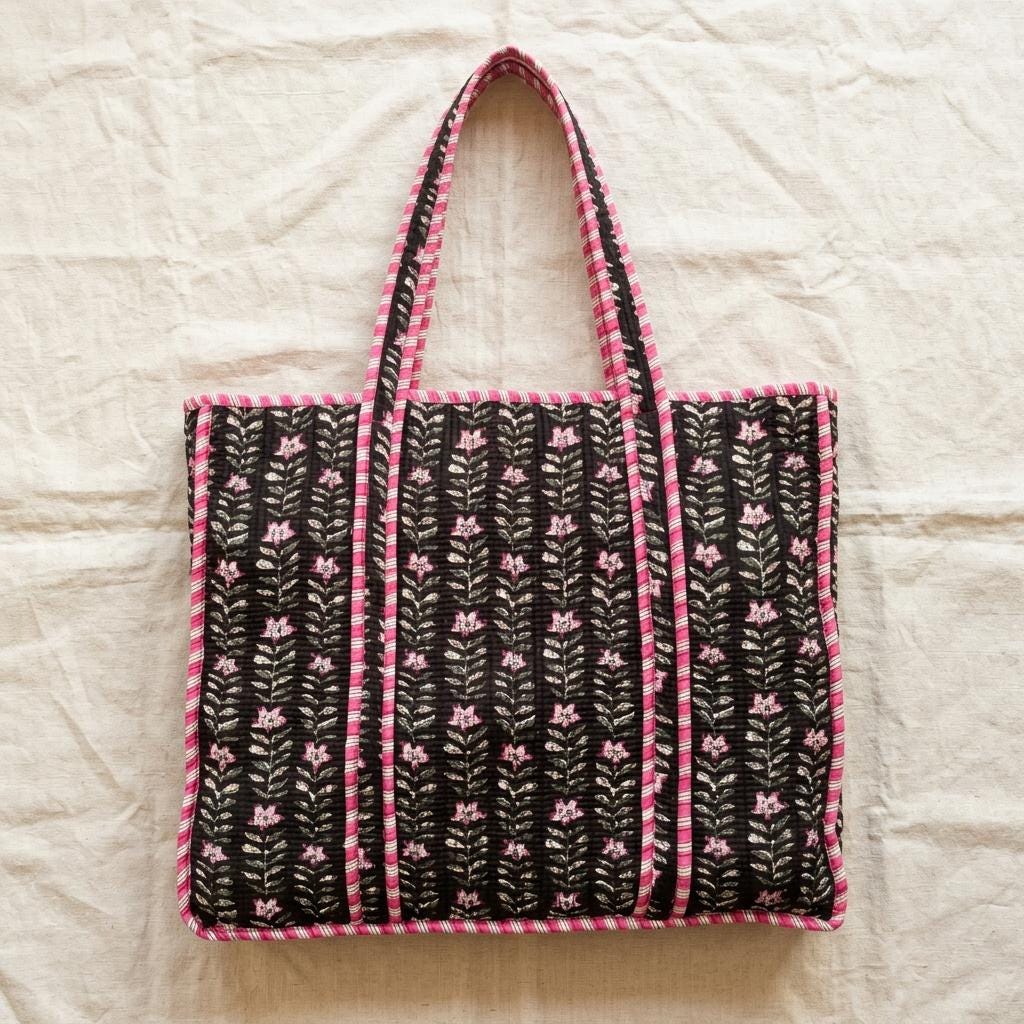 Black Floral Quilted Cotton Tote Bag, Handcrafted Shoulder Shopper Purse, Striped Travel Handbag