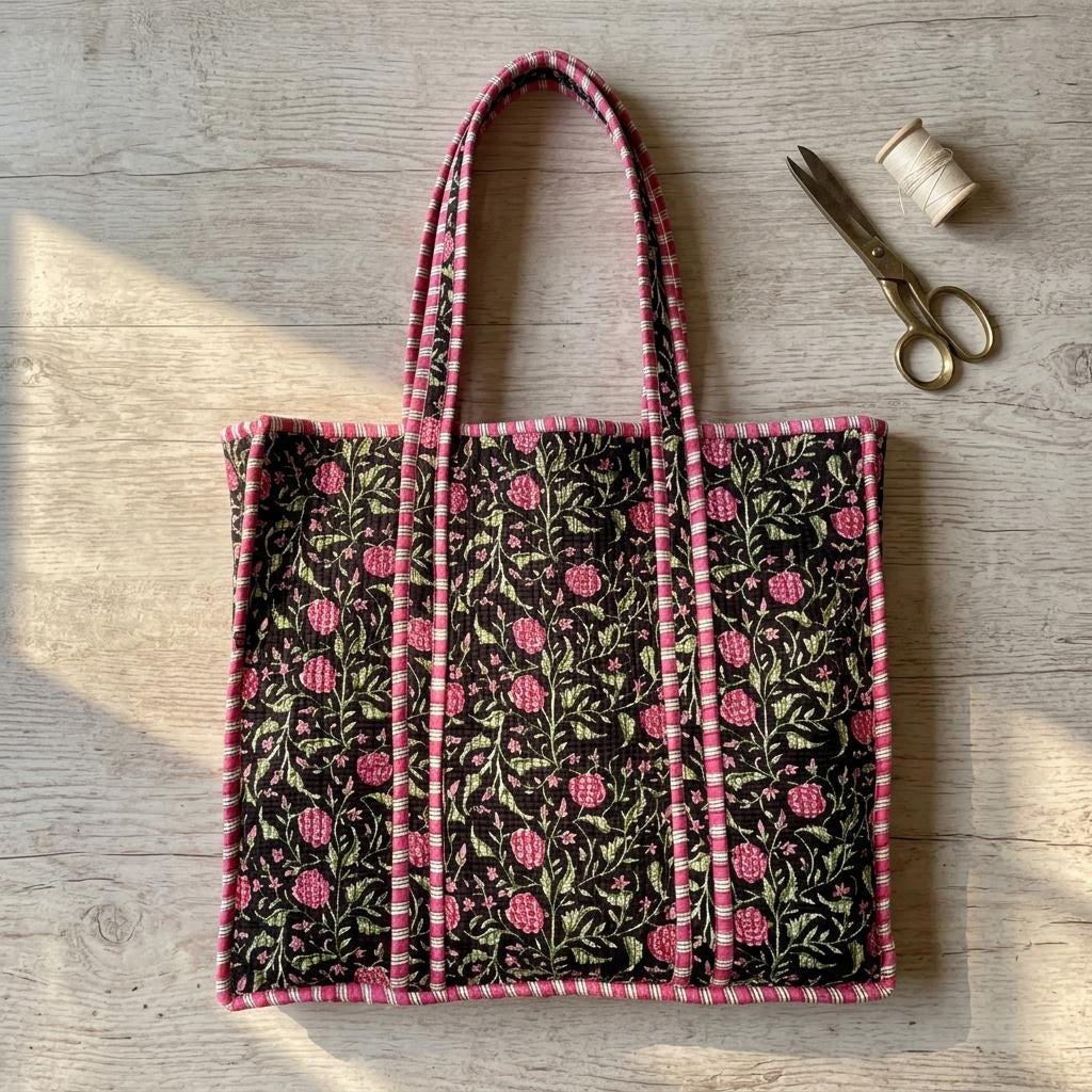 Black Floral Quilted Cotton Tote Bag, Handcrafted Shoulder Shopper Purse, Striped Travel Handbag