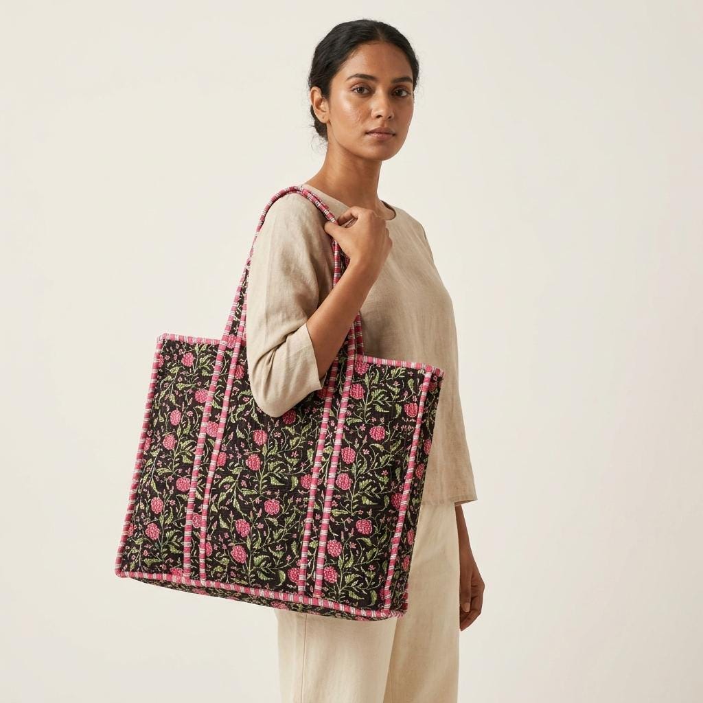 Black Floral Quilted Cotton Tote Bag, Handcrafted Shoulder Shopper Purse, Striped Travel Handbag