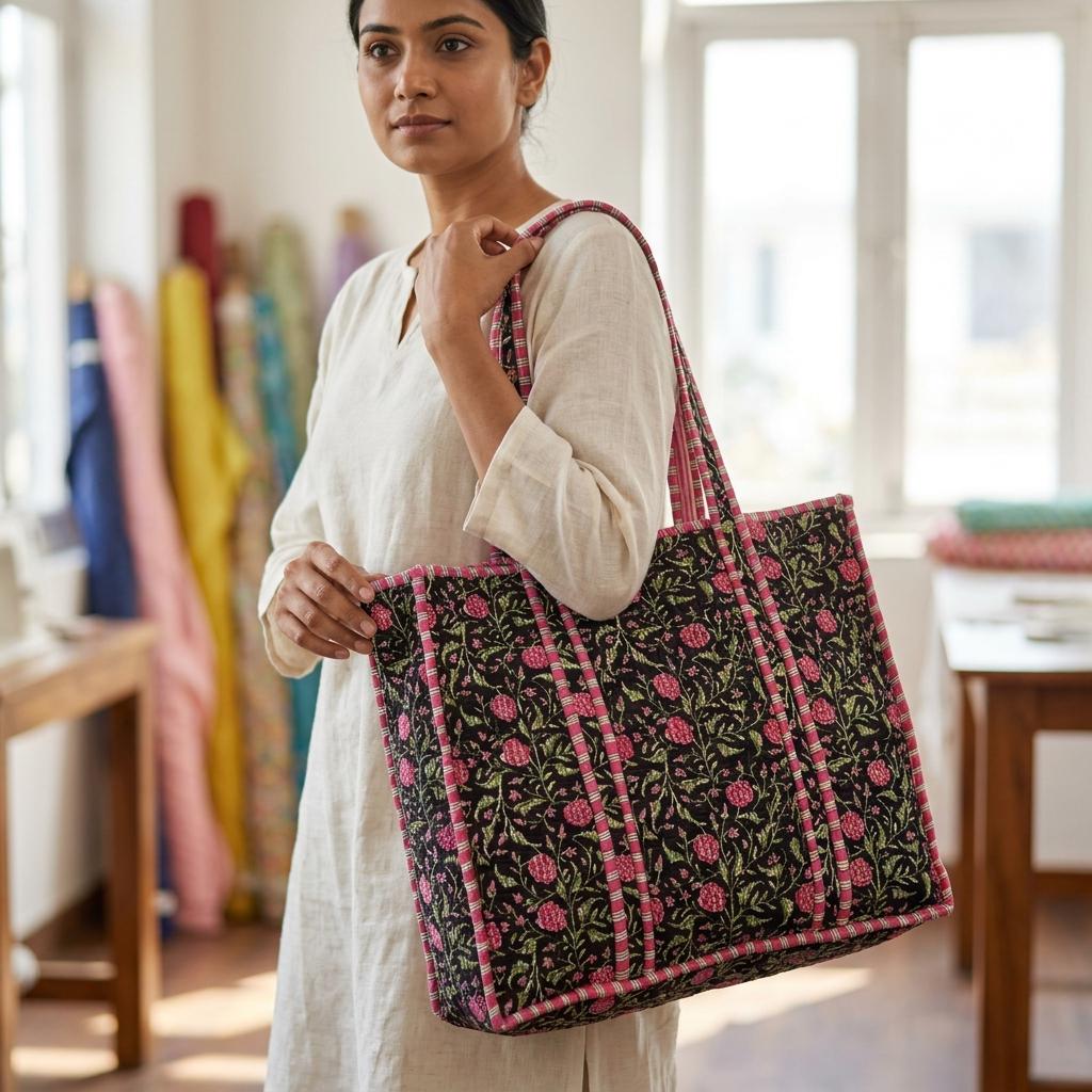 Black Floral Quilted Cotton Tote Bag, Handcrafted Shoulder Shopper Purse, Striped Travel Handbag