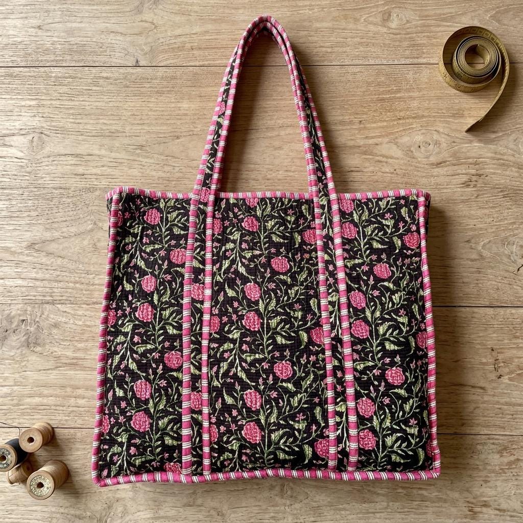 Black Floral Quilted Cotton Tote Bag, Handcrafted Shoulder Shopper Purse, Striped Travel Handbag