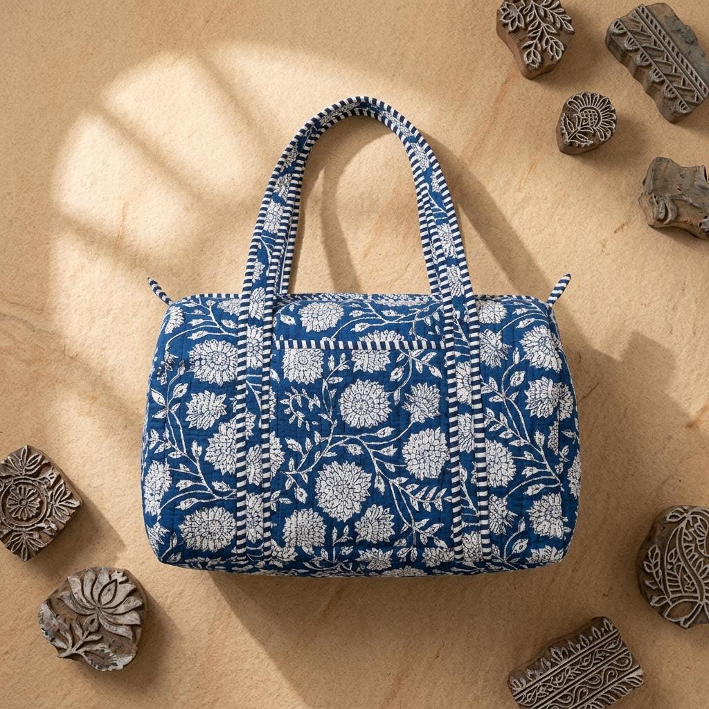 Blue Floral Quilted Cotton Duffle Bag, Handcrafted Travel Weekender, Patterned Gym Overnight Purse