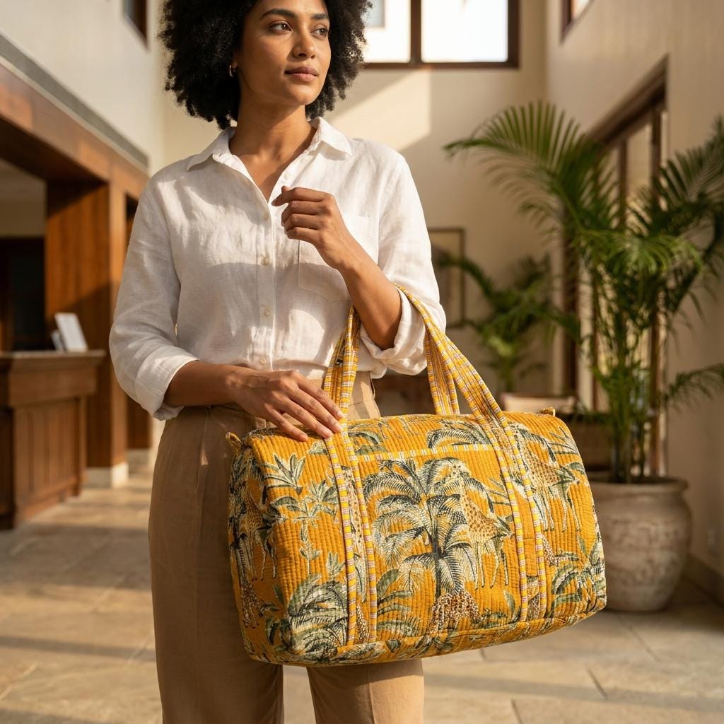 Yellow Safari Quilted Cotton Duffle Bag, Handcrafted Travel Weekender, Patterned Gym Overnight Purse
