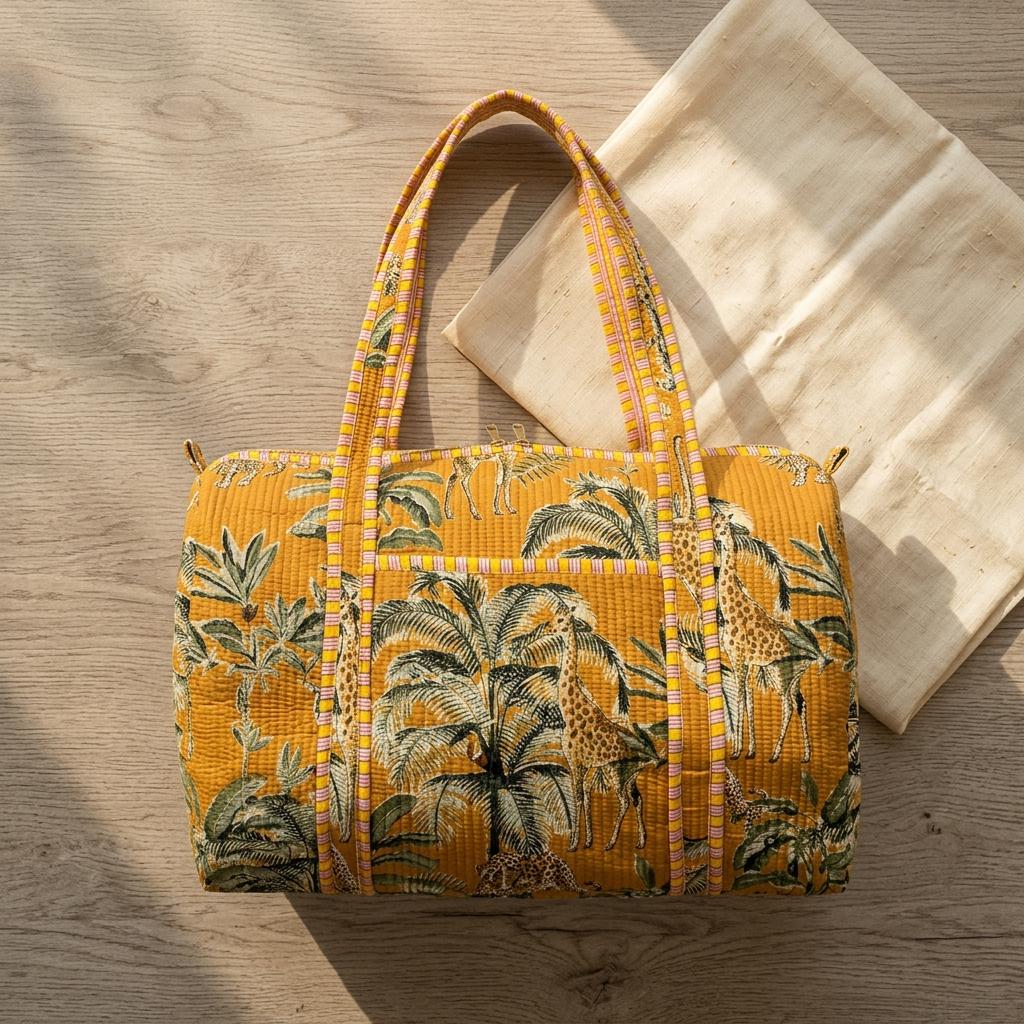 Yellow Safari Quilted Cotton Duffle Bag, Handcrafted Travel Weekender, Patterned Gym Overnight Purse