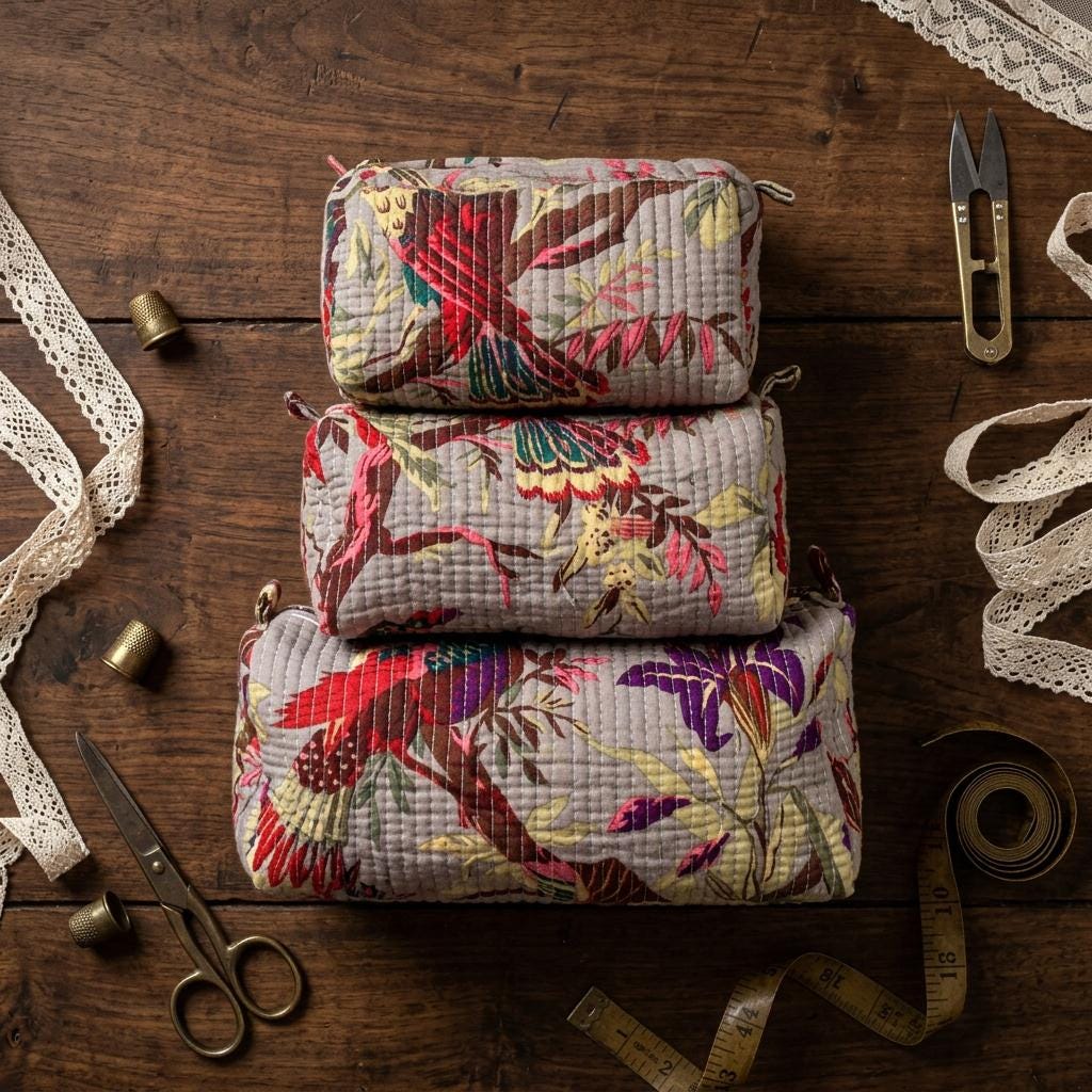 Grey Bird Quilted Makeup Bag Set, Handcrafted Cotton Cosmetic Pouch, Floral Travel Organizer