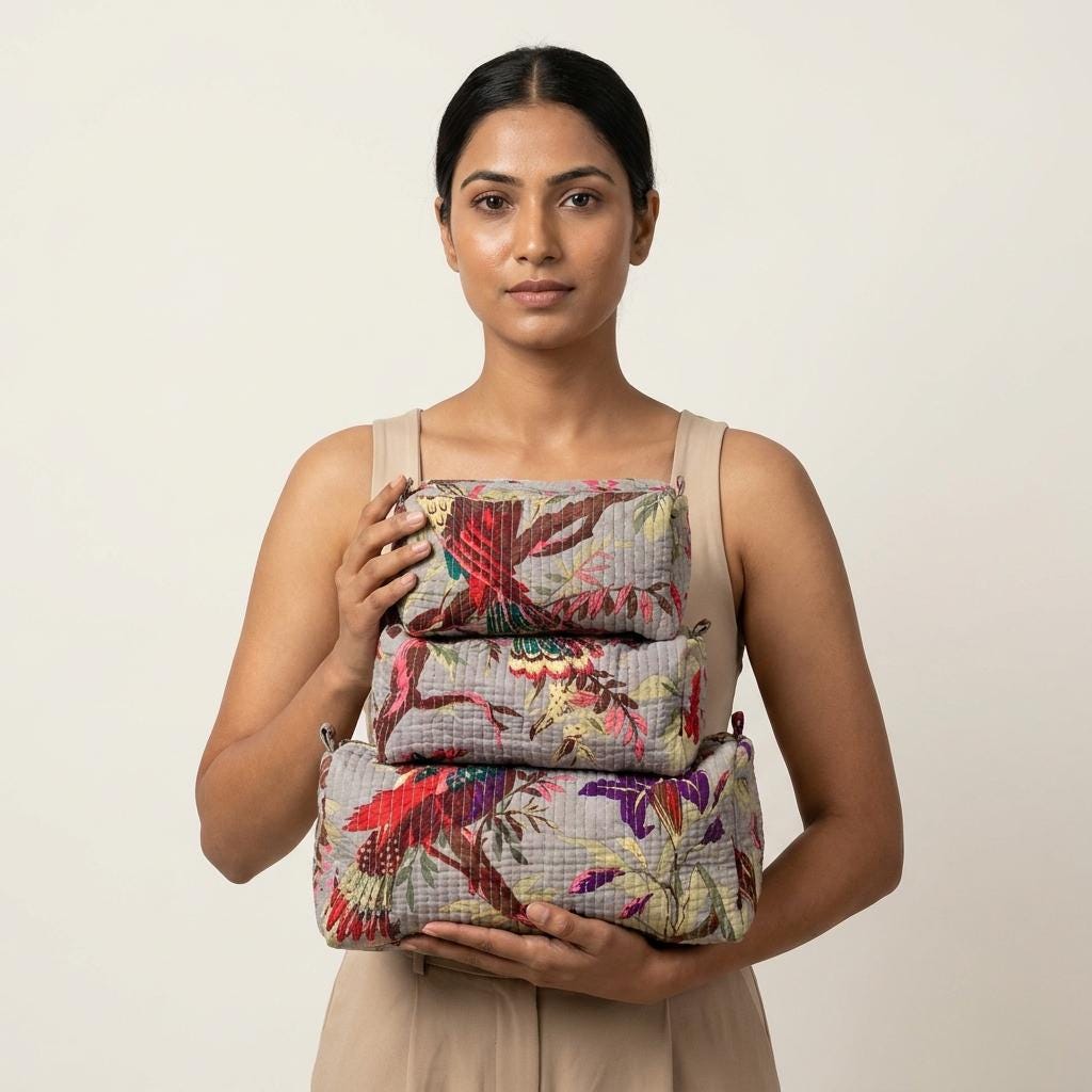 Grey Bird Quilted Makeup Bag Set, Handcrafted Cotton Cosmetic Pouch, Floral Travel Organizer