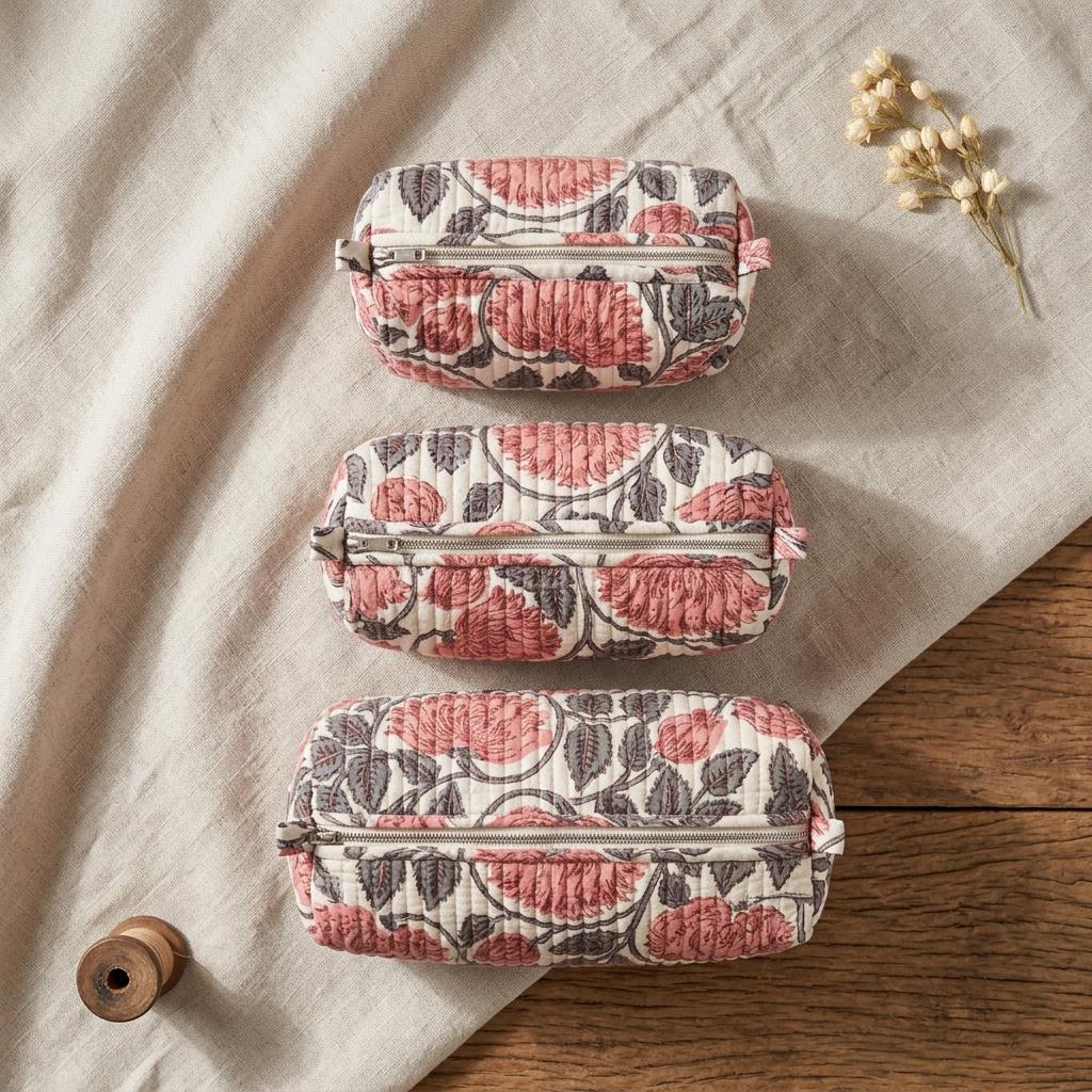 Rose Peony Quilted Makeup Bag Set, Handcrafted Cotton Cosmetic Pouch, Floral Travel Organizer