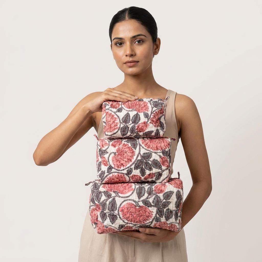 Rose Peony Quilted Makeup Bag Set, Handcrafted Cotton Cosmetic Pouch, Floral Travel Organizer