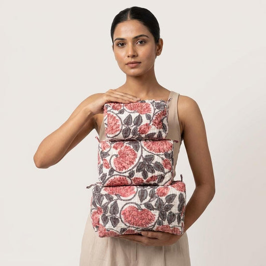 Rose Peony Quilted Makeup Bag Set, Handcrafted Cotton Cosmetic Pouch, Floral Travel Organizer - Taxocrafts