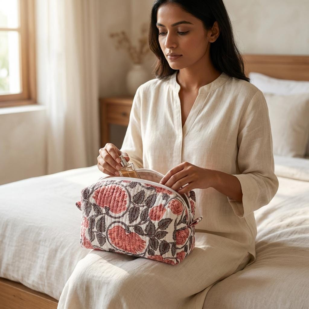Rose Peony Quilted Makeup Bag Set, Handcrafted Cotton Cosmetic Pouch, Floral Travel Organizer