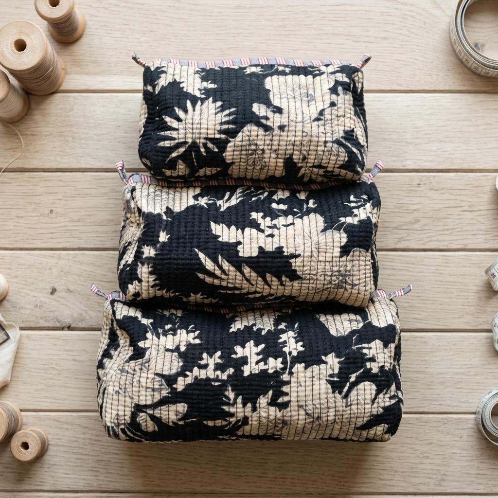 Black Floral Quilted Makeup Bag Set, Handcrafted Cotton Cosmetic Pouch, Tropical Travel Organizer