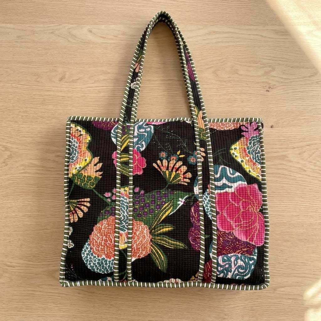 Black Floral Quilted Cotton Tote Bag, Handcrafted Shoulder Shopper Purse, Striped Travel Handbag