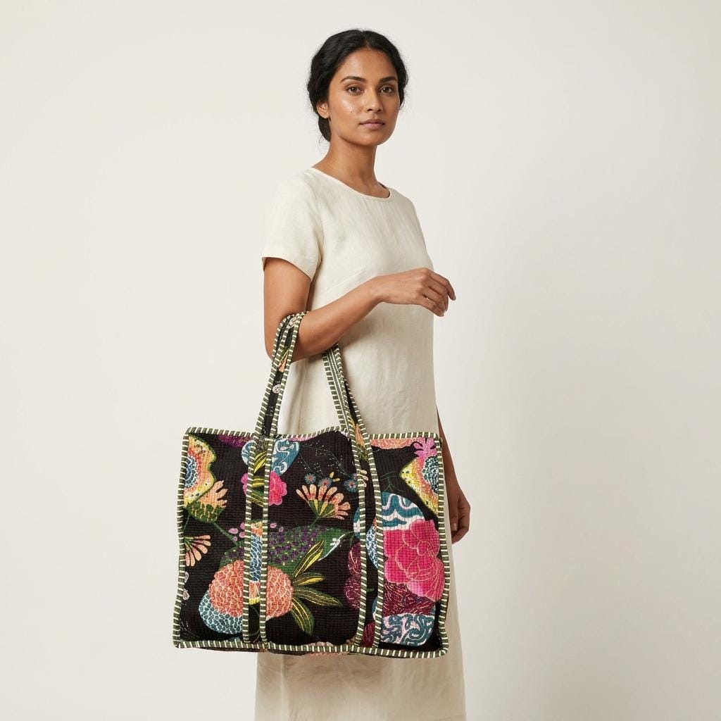 Black Floral Quilted Cotton Tote Bag, Handcrafted Shoulder Shopper Purse, Striped Travel Handbag