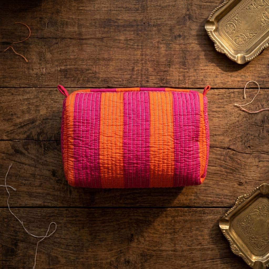 Pink Orange Quilted Makeup Bag Set, Handcrafted Cotton Cosmetic Pouch, Striped Travel Organizer