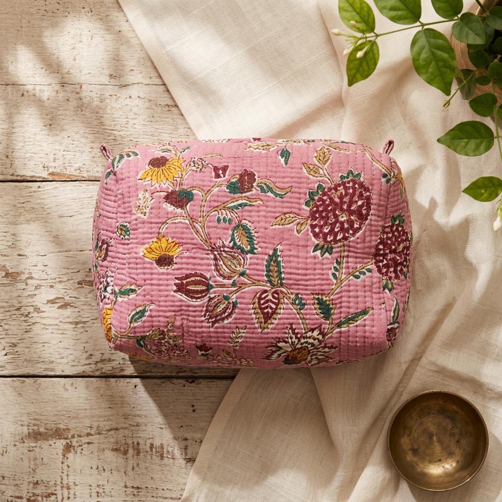 Pink Chintz Quilted Makeup Bag Set, Handcrafted Cotton Cosmetic Pouch, Floral Travel Organizer