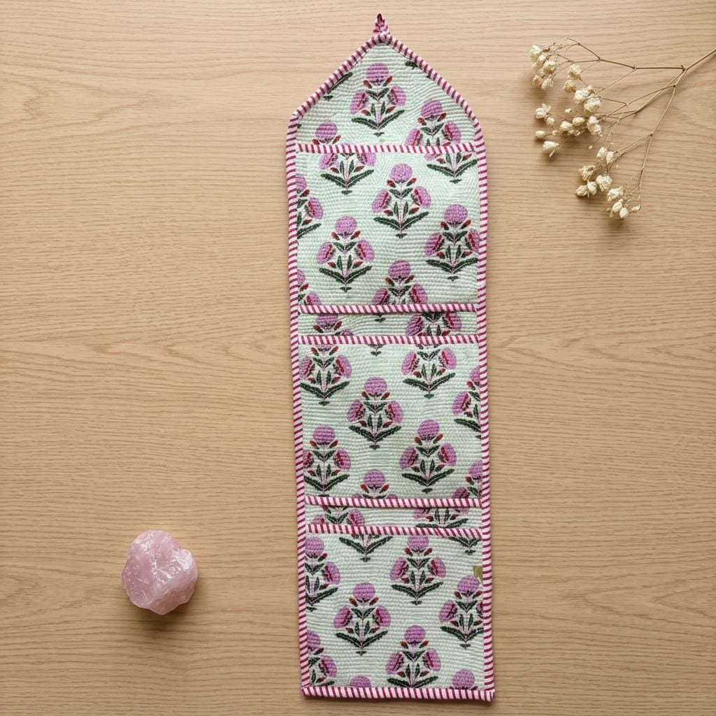 Pink Floral Quilted Wall Hanging Organizer, Handcrafted Cotton Pocket Storage, Patterned Office Home Pocketbook