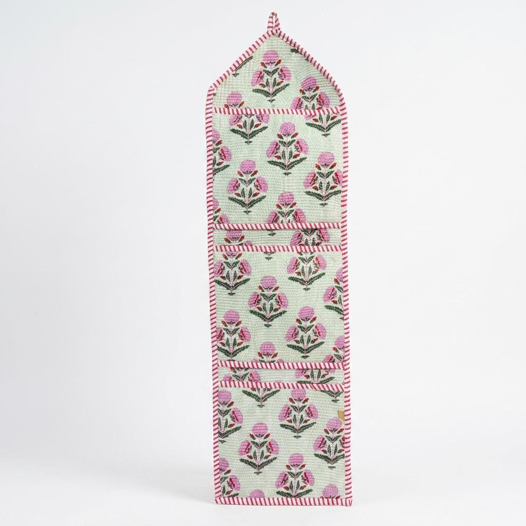 Pink Floral Quilted Wall Hanging Organizer, Handcrafted Cotton Pocket Storage, Patterned Office Home Pocketbook