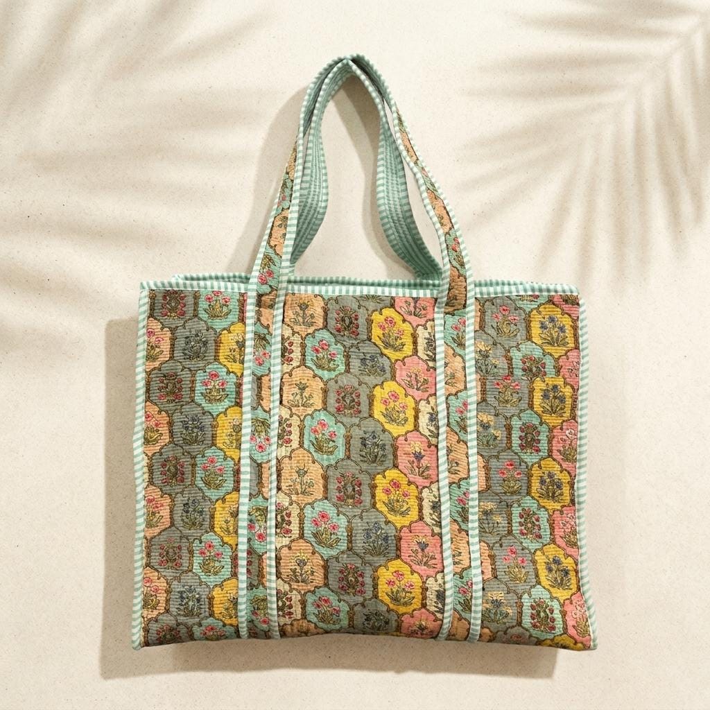 Green Floral Quilted Cotton Tote Bag, Handcrafted Shoulder Shopper Purse, Mosaic Travel Handbag