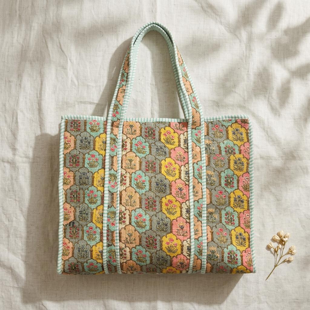 Green Floral Quilted Cotton Tote Bag, Handcrafted Shoulder Shopper Purse, Mosaic Travel Handbag
