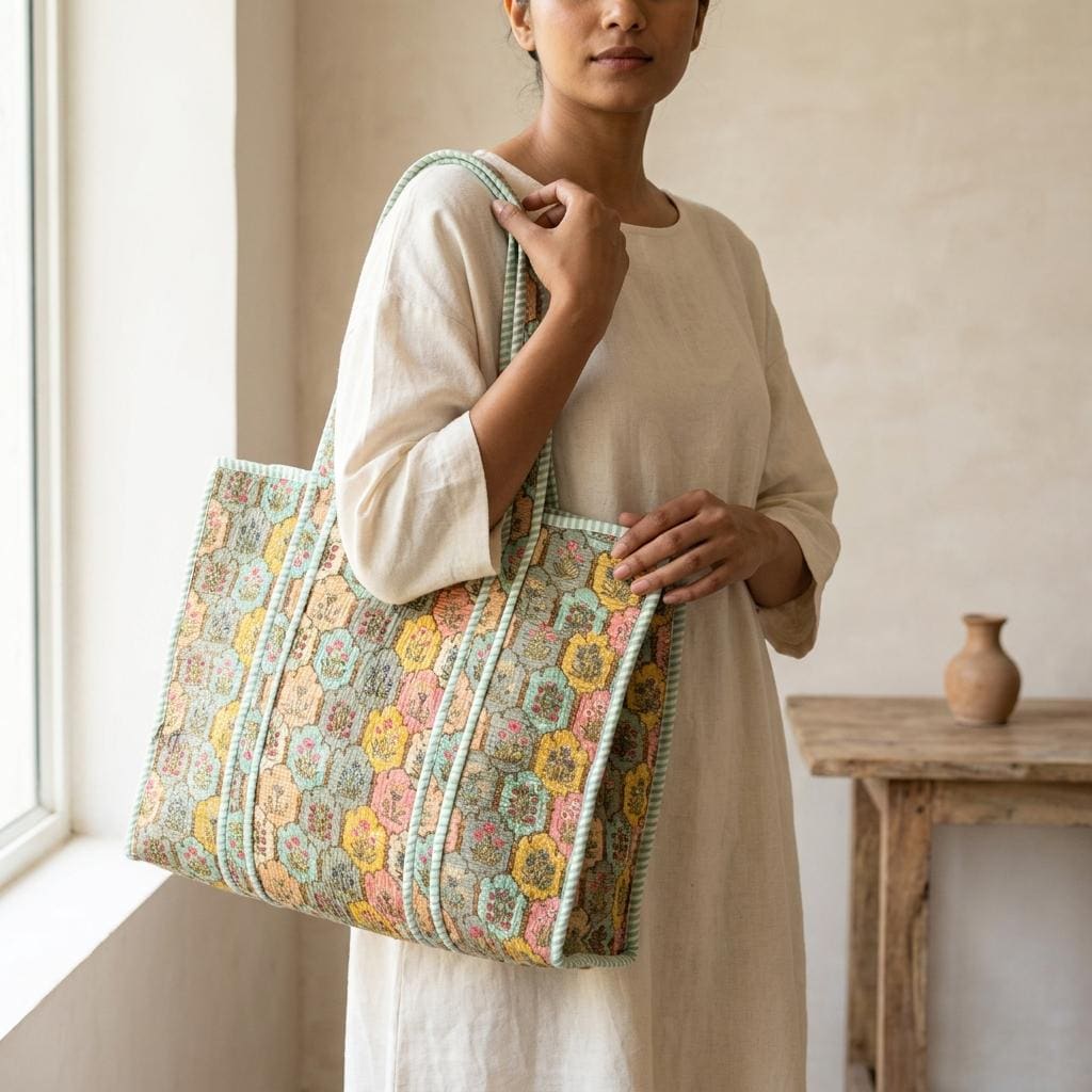 Green Floral Quilted Cotton Tote Bag, Handcrafted Shoulder Shopper Purse, Mosaic Travel Handbag