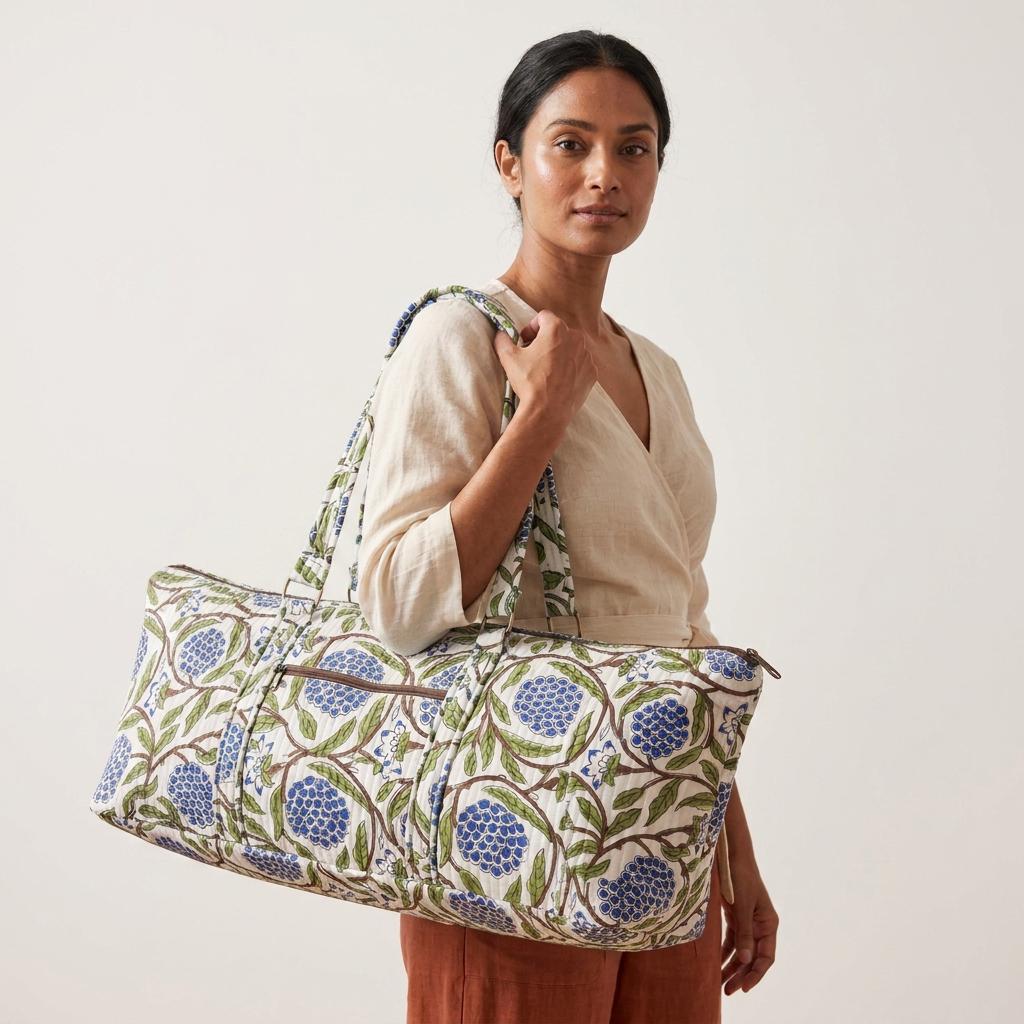 Blue Marigold Quilted Cotton Yoga Mat Bag, Handcrafted Shoulder Carrier, White Floral Fitness Tote