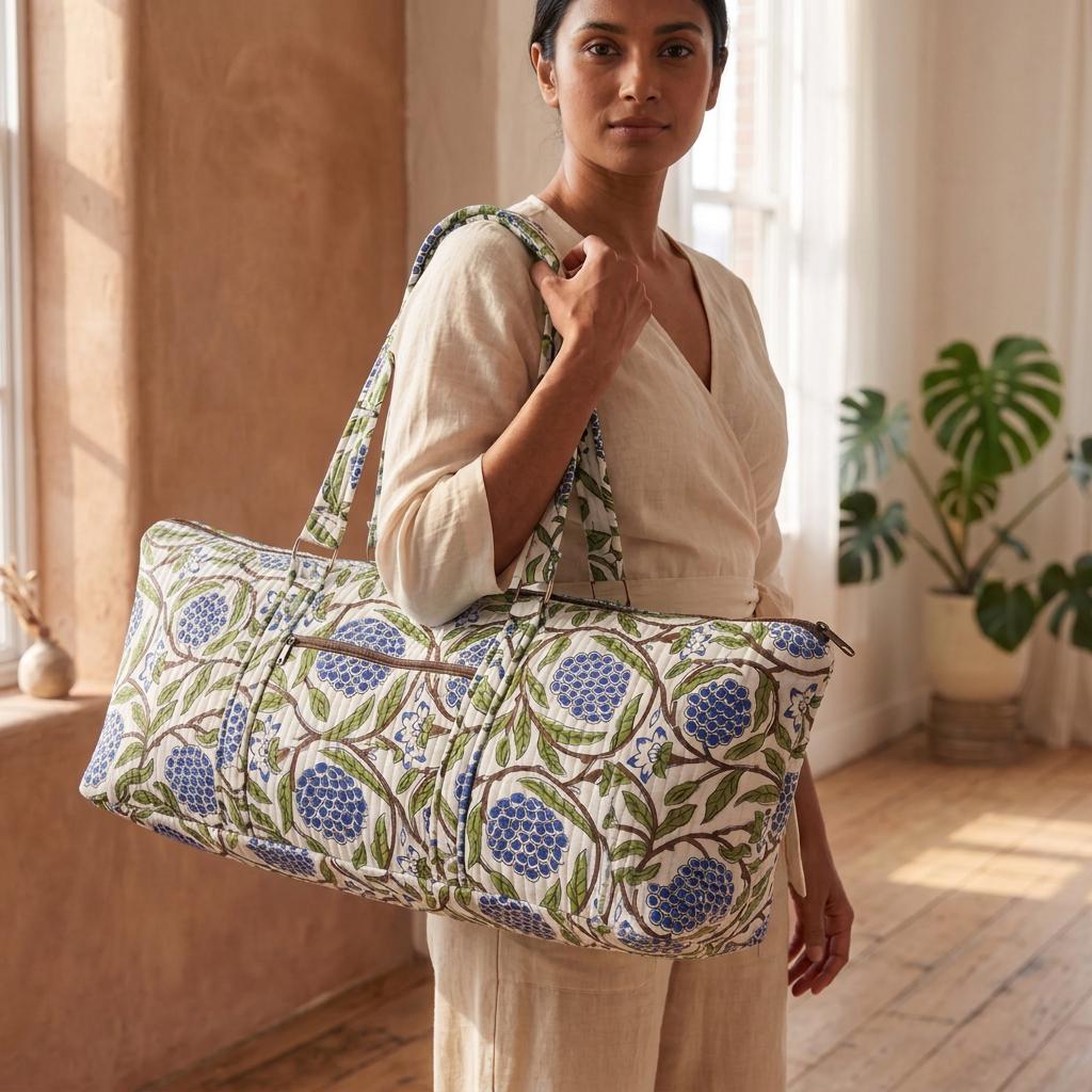 Blue Marigold Quilted Cotton Yoga Mat Bag, Handcrafted Shoulder Carrier, White Floral Fitness Tote