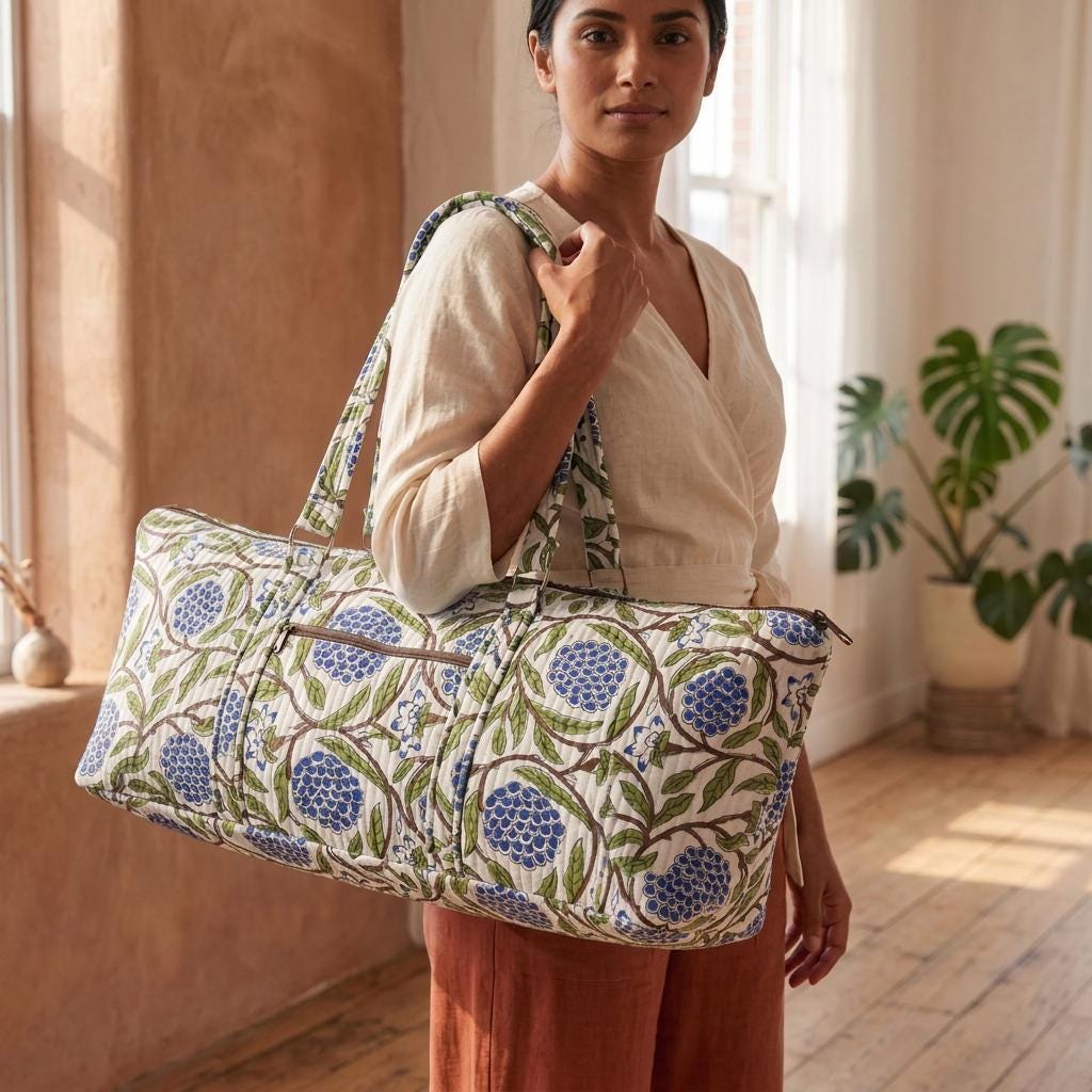 Blue Marigold Quilted Cotton Yoga Mat Bag, Handcrafted Shoulder Carrier, White Floral Fitness Tote