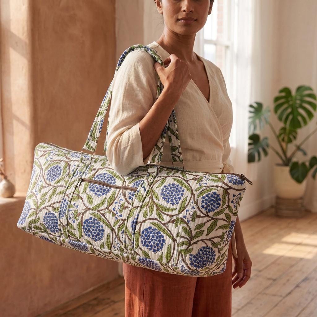 Blue Marigold Quilted Cotton Yoga Mat Bag, Handcrafted Shoulder Carrier, White Floral Fitness Tote