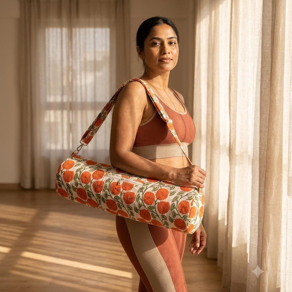 Orange Marigold Quilted Cotton Yoga Mat Bag, Handcrafted Crossbody Carrier, White Floral Fitness Tote