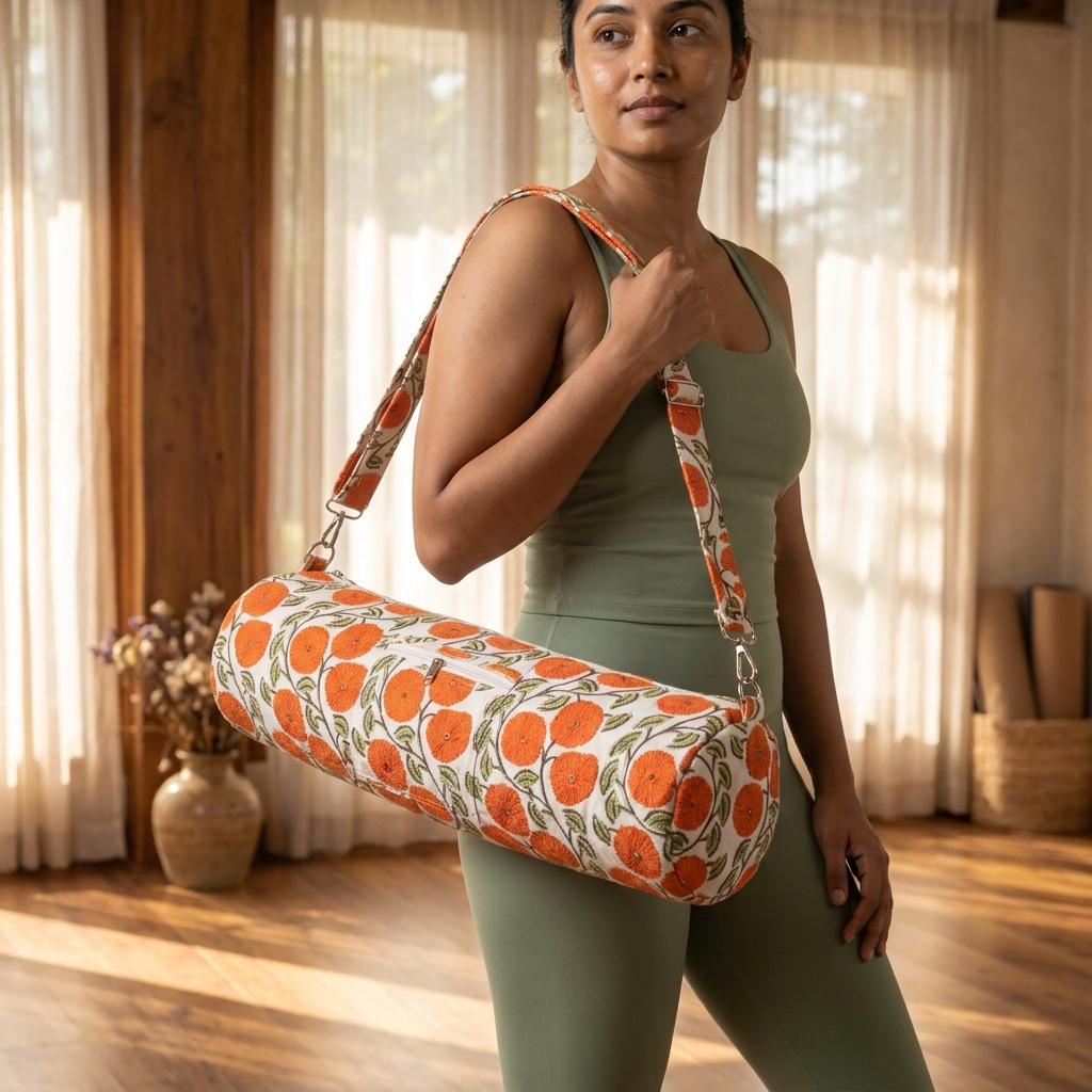 Orange Marigold Quilted Cotton Yoga Mat Bag, Handcrafted Crossbody Carrier, White Floral Fitness Tote