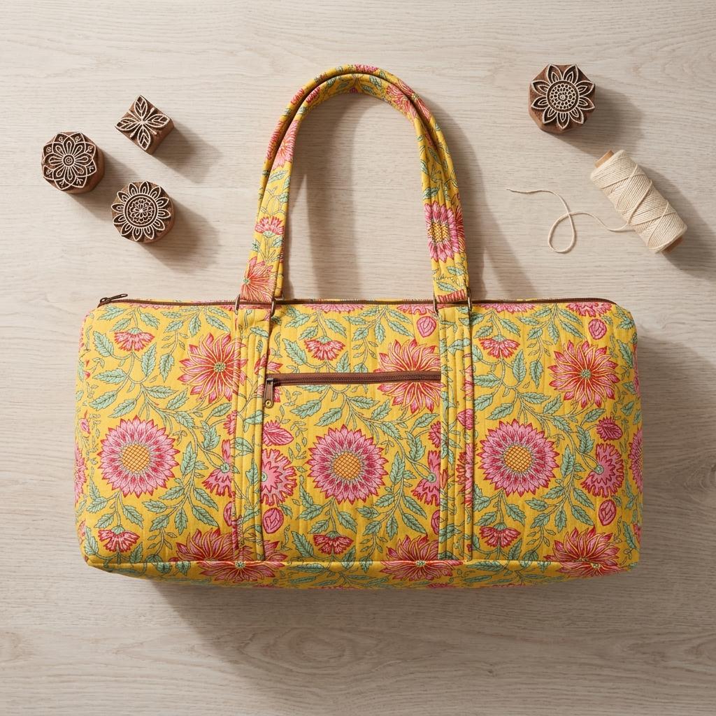 Yellow Chrysanthemum Quilted Cotton Yoga Mat Bag, Handcrafted Shoulder Carrier, Pink Floral Fitness Tote