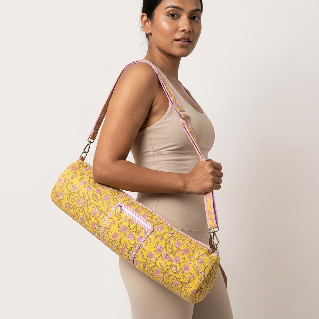 Yellow Floral Quilted Cotton Yoga Mat Bag, Handcrafted Crossbody Carrier, Striped Fitness Handbag