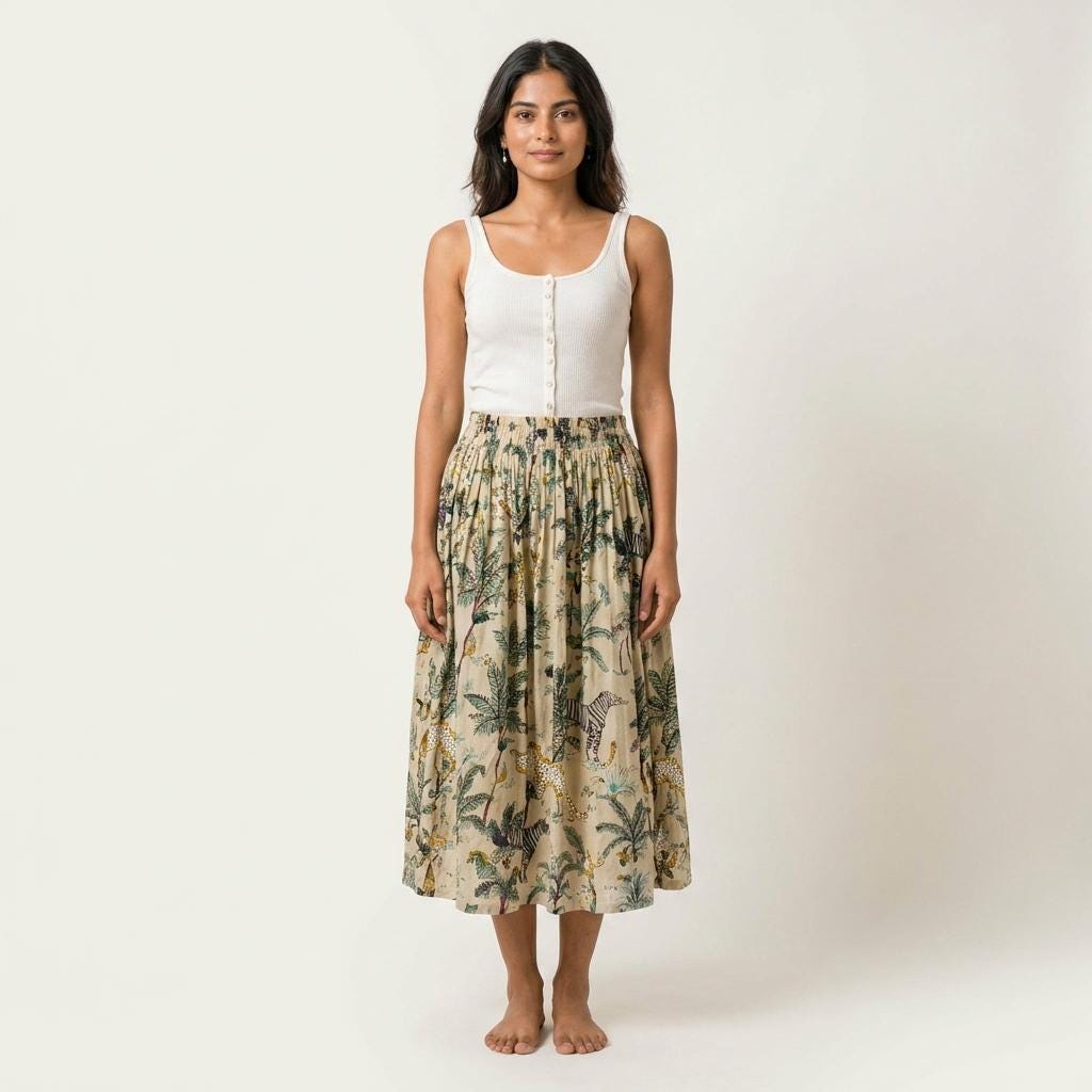 Safari Print Cotton Midi Skirt, Handcrafted Flared Summer Clothing, Block Printed Casual Resort Wear